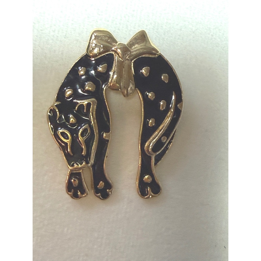 Vintage Trifari Black Enamel Panther Brooch Gold Tone Bow Big Cat Pin